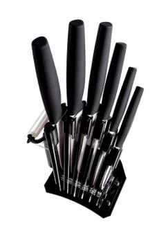 Knife block with 6 different black knives and peeler Stock Photos