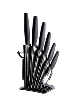 Knife block with 6 different black knives and peeler Stock Photos