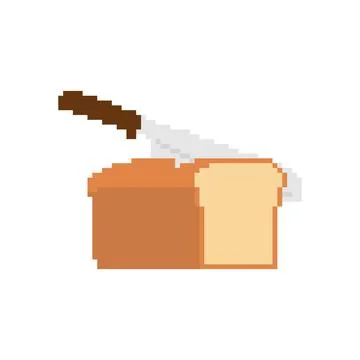 Knife cuts bread pixel art. 8 bit Loaf of Bread and piece. pixelated Vector.. Stock Illustration