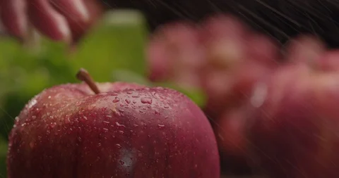 Knife cutting into red delicious apple with spraying water in background Stock Footage 123847517