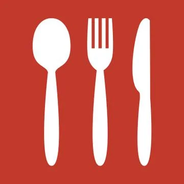Knife, fork and spoon on red background. Stock Illustration