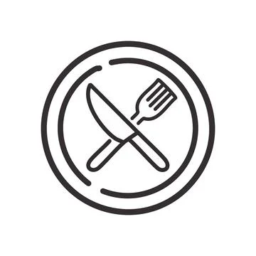 Knife fork plate icon. Simple line art icon of a knife and fork crossed on .. Stock Illustration