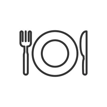 Knife, fork, plate thin line icon isolated on white background Stock Illustration