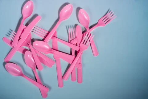 Knife fork spoon plastic ecology pink blue Foto stock