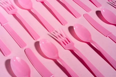 Knife fork spoon plastic ecology pink blue Stock Photos