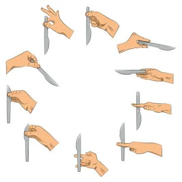 Knife in hand. Right and wrong ways to hold knife. Hand holding the knife wit Stock Illustration