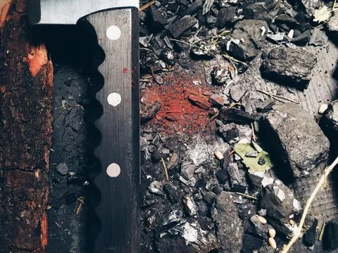 The knife handle is close-up. Stock Photos