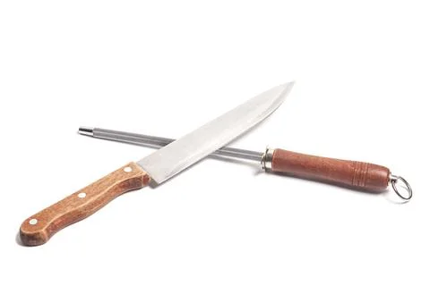 Knife sharpener and knife isolated on white. Stock Photos