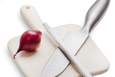 Knife with sharpener and onion Stock Photos