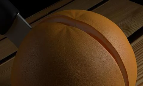 Knife slicing orange rendering 3d Stock Illustration