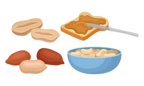 Knife Spreading Peanut Butter on Bread Slice and Salty Nuts in Bowl Vector Set 스톡 일러스트