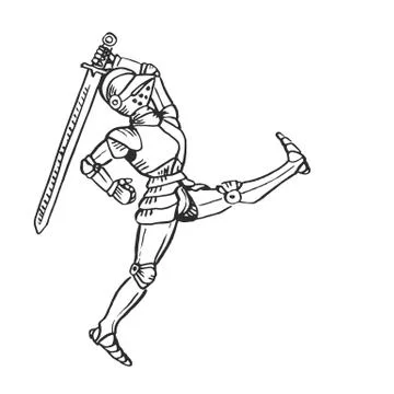 Knight in armour with sword fighting Medieval art Stock Illustration