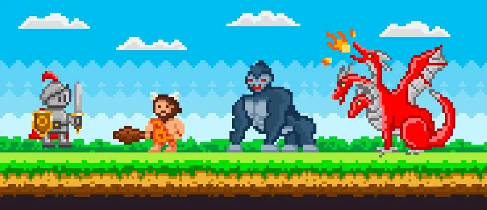 Knight attacks mechanical robot in armor, gorilla and dragon. Pixel cavalier Ilustración de archivo