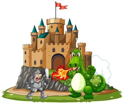 Knight Battles Fire-Breathing Dragon Outside Medieval Castle Stock Illustration
