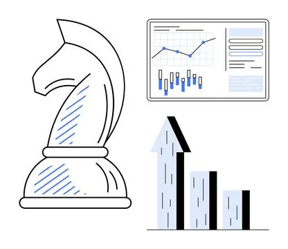Knight chess piece, analytics board with data graphs, and upward arrow growth Stock Illustration