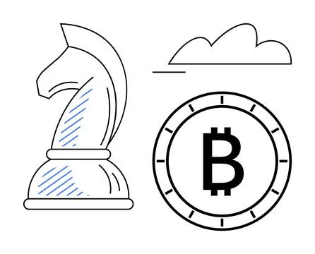 Knight Chess Piece and Bitcoin Symbol with Cloud Outline Representing Strat.. Stock Illustration