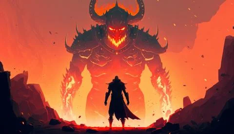 A knight is depicted standing with a sword, facing off against a lava demon.. Illustrazione stock