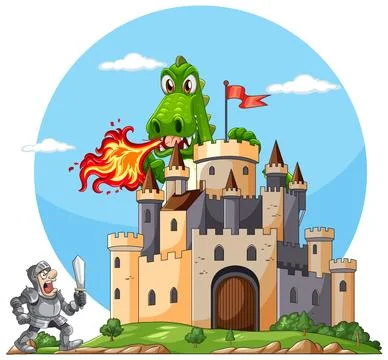 Knight Facing Fire-Breathing Dragon at Castle Stock Illustration
