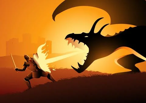 Knight fighting a dragon Stock Illustration