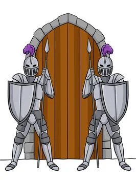 Knight Guarding a Gate Cartoon Colored Clipart Stock Illustration