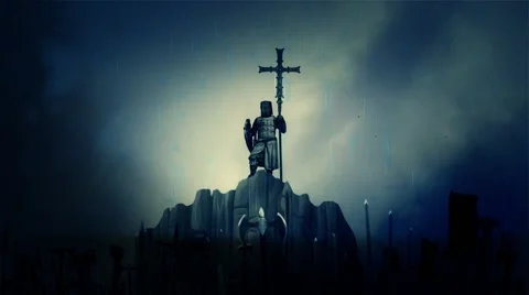 Knight Holding a Cross while Armed Crusader Soldiers Rising their Weapons Stock Footage 58178867
