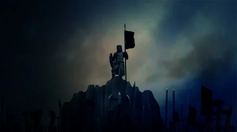 Knight Holding a Flag While Armed Soldiers Cheering him Before Battle Stock Footage 58178866