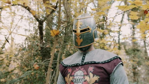 Knight lifting his visor in a forest Stock Footage 130262064