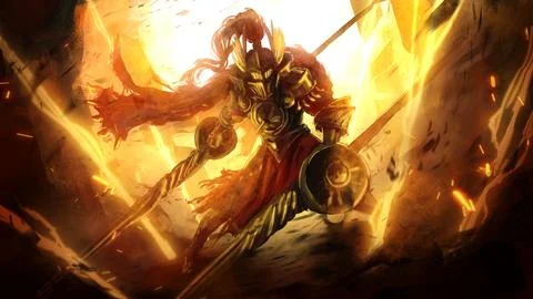A knight of light with two spears in his hands stands overflowing with ener.. Illustration