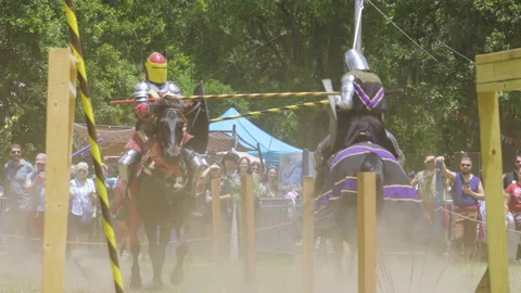 Knight loses shield and lance at a Bay Area Renaissance Festival joust Stock Footage 154551668