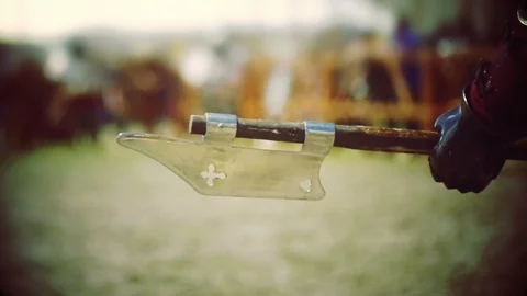 Knight preparing for war. Close-up on axe Stock Footage 101651953