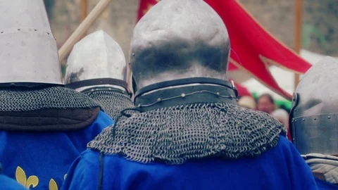 Knight preparing for war. Close-up on eyes and helmet Stock Footage 101651354