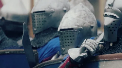 Knight preparing for war. Close-up on eyes and helmet Stock Footage 101651405