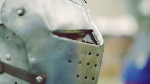 Knight preparing for war. Close-up on eyes and helmet Stock Footage 101652037