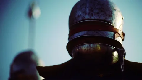Knight preparing for war. Close-up on eyes and helmet Stock Footage 101652302