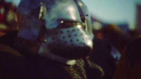 Knight preparing for war. Close-up on eyes and helmet Stock Footage 101652498