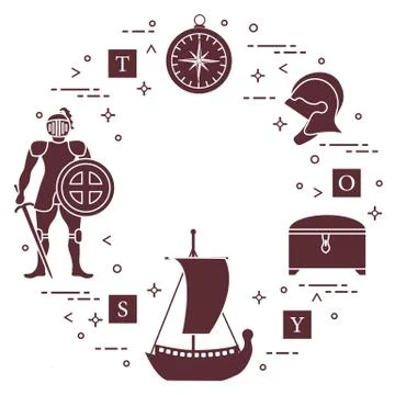 Knight, shield, sword, helmets, ship and other. Ilustración de archivo