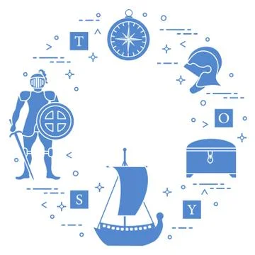 Knight, shield, sword, helmets, ship and other. Ilustración de archivo