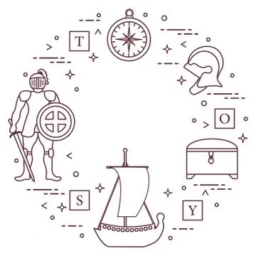 Knight, shield, sword, helmets, ship and other. Ilustración de archivo
