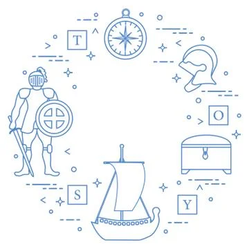 Knight, shield, sword, helmets, ship and other. Ilustración de archivo