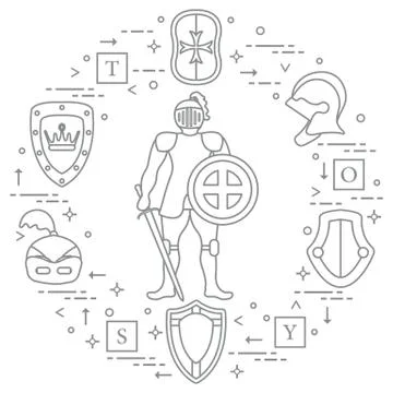 Knight, shields, swords, helmets, cubes. Stock Illustration