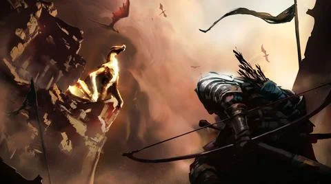A knight in shining armor with a bow and a sword has crept into the lair of t Stock Illustration