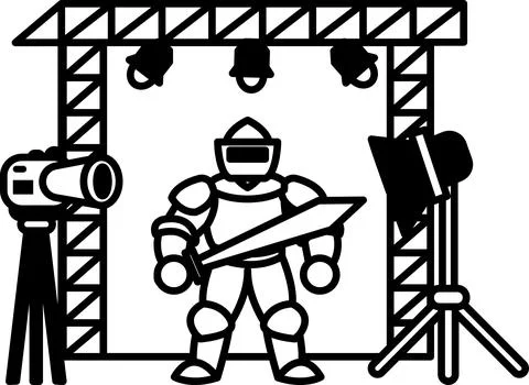 Knight is standing in front of a camera with a sword in his hand Stock Illustration