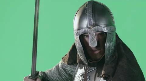 Knight of the Throne Wields Sword and Armor on Greenscreen Stock Footage 45985093