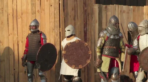 Knights in armor, helmets and chain mail Stock Footage 60737142