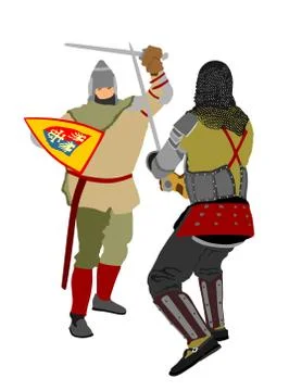 Knights in armor with sword fight vector. Medieval fighter in battle Stock Illustration