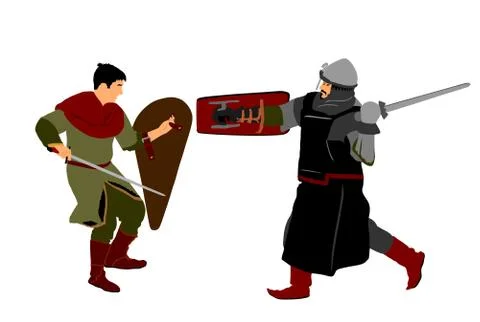 Knights in armor with sword fight vector. Medieval fighter in battle Stockillustratie