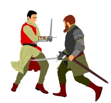 Knights in armor with sword fight vector. Medieval fighter in battle イラスト素材