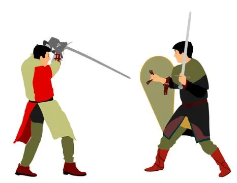 Knights in armor with sword fight vector. Medieval fighter in battle Illustrazione stock
