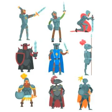 Knights In Full Armor Set Of Flat Illustrations Stock Illustration