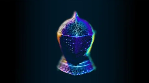 Knight's helmet from digital dots in empty space front view, backlight, depth of Stock Illustration